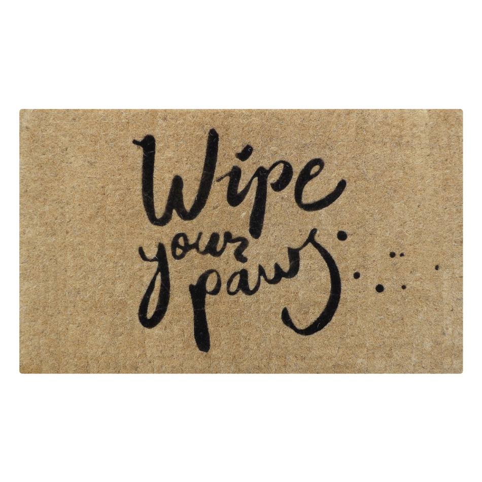 Natural coir doormat printed with “Wipe your paws” in black handwritten lettering